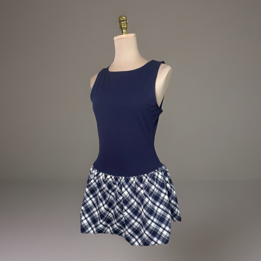 NWT Derek Heart Plaid Bubble Hem Drop Waist Dress XL Navy Preppy Sleeveless